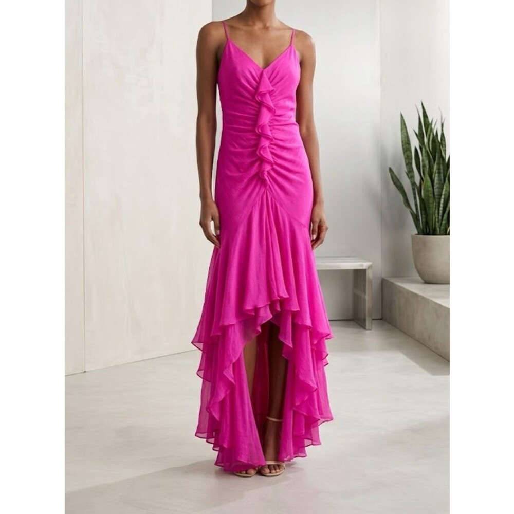 BDBGMaxAzria Fuchsia Chiffon Silk Mermaid Cascading Maxi Gown Size 8